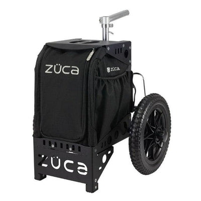 Black ZÜCA Compact Cart disc golf bag with a metal frame, large rugged wheels, and ZÜCA branding.