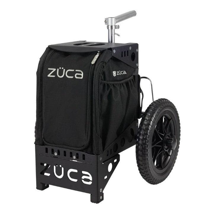 Black ZÜCA Compact Cart disc golf bag with a metal frame, large rugged wheels, and ZÜCA branding.
