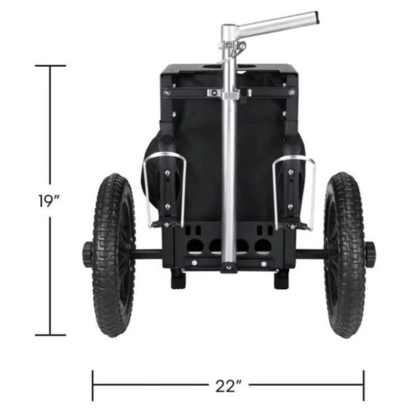 Black Zuca Compact Cart with rugged wheels, a prominent adjustable silver handle, and two side bottle holders.