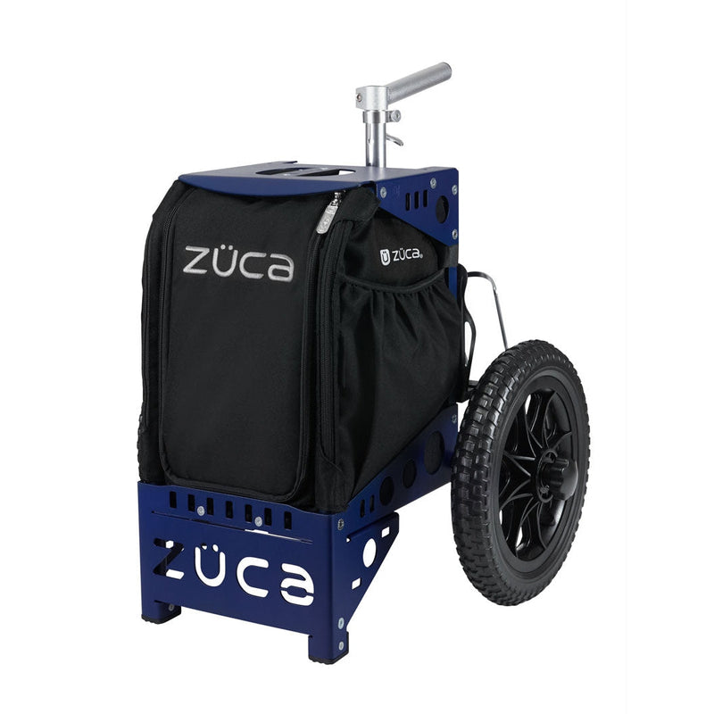 Blue ZÜCA Compact Cart with a black fabric bag, featuring a black wheel and an adjustable silver handle.