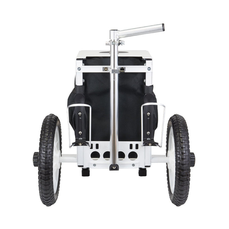 Zuca Compact Paul Ulibarri disc golf cart in white aluminum frame with black fabric and rugged wheels.