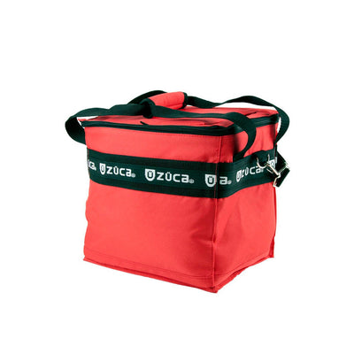 Red ZUCA Cooler Bag with dark green logo straps, a padded top handle, and silver metal hardware.