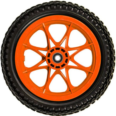 One black ZÜCA Dynamic Discs all-terrain tubeless foam wheel with a vibrant orange spokes set.