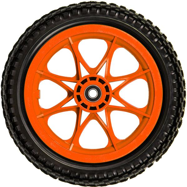 One black ZÜCA Dynamic Discs all-terrain tubeless foam wheel with a vibrant orange spokes set.