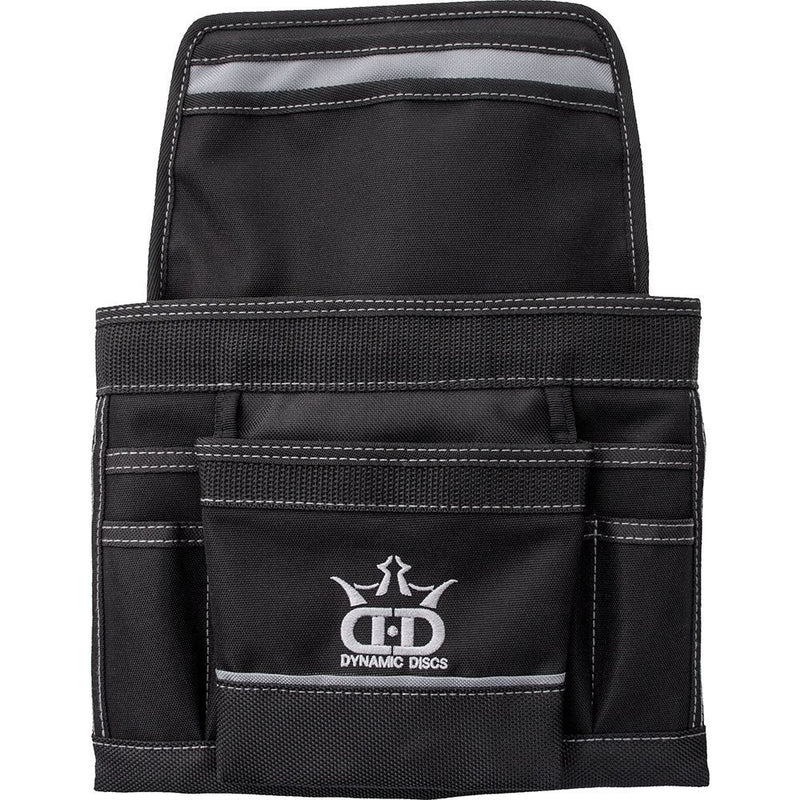 Black Zuca Dynamic Discs putter pouch with white stitching, a prominent white crown logo, and grey reflective strips.