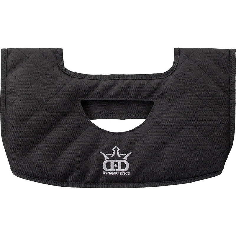 Black quilted Zuca Dynamic Discs seat cushion with a white embroidered logo and a cut-out for backpack cart handles.