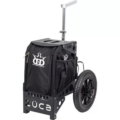 Black Dynamic Discs Zuca Compact Cart with textured wheels, a black fabric bag, and a silver adjustable handle.