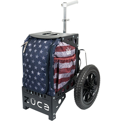 Zuca dynamic discs compact cart with a navy blue and white star bag, red and white striped pouch, aluminum handle, and large.