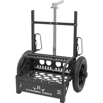 Black Zuca Dynamic Discs EZ cart with large textured wheels and a silver telescopic handle.