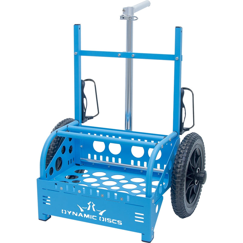 Dynamic Discs EZ Cart by Zuca featuring a bright blue metal frame, black all-terrain wheels, and a silver telescoping handle.