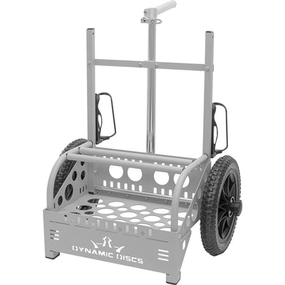 Gray Zuca Dynamic Discs EZ cart with black wheels, an adjustable handle, and two black bottle holders.