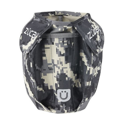 Gray and white digital camouflage Züca accessory pouch with a Züca logo printed on each side flap.