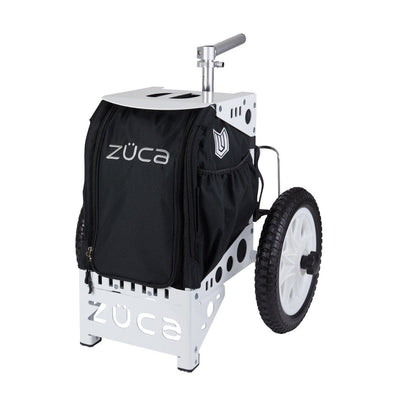 Zuca Paul Ulibarri Compact disc golf cart with a black bag, silver frame, and knobby wheels.