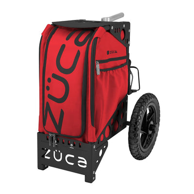 Red ZÜCA All-Terrain Cart with a black metal frame, two sturdy black wheels, and a silver telescoping handle.