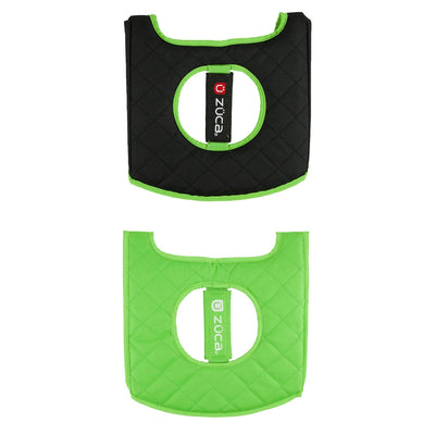 Black and green ZUCA reversible seat cushion with quilted diamond stitching and green trim.