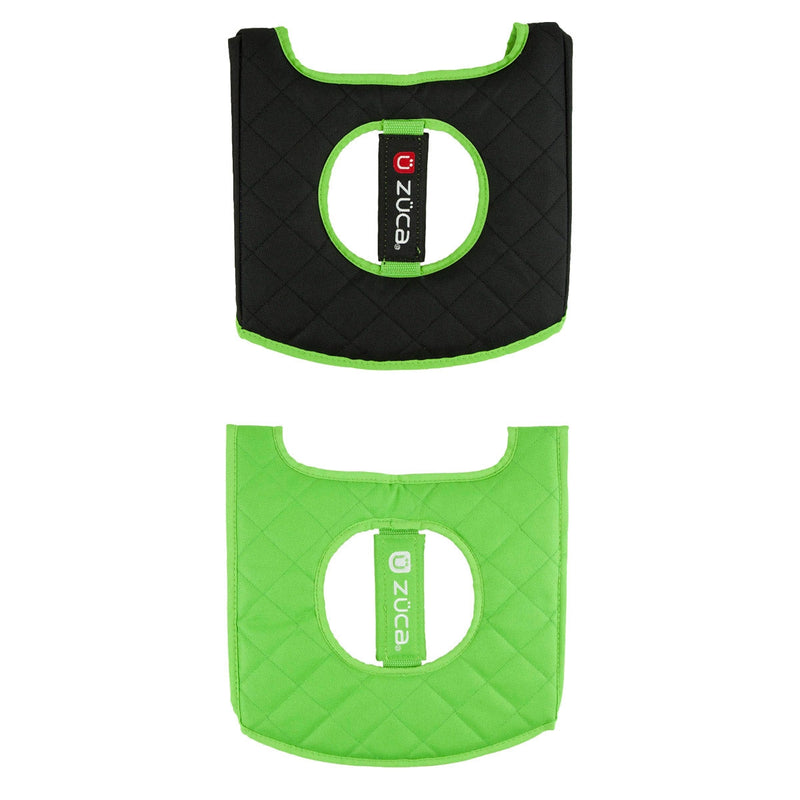 Black and green ZUCA reversible seat cushion with quilted diamond stitching and green trim.