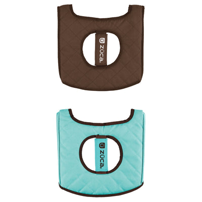Quilted brown and turquoise ZUCA reversible seat cushions are shown, each with a centered circular cutout and logo strap.
