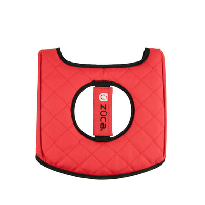 Red ZUCA cart reversible seat cushion with a central cutout, quilted fabric, and black trim.