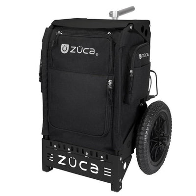 Black Zuca Trekker disc golf cart with large textured wheels and a silver extendable handle.