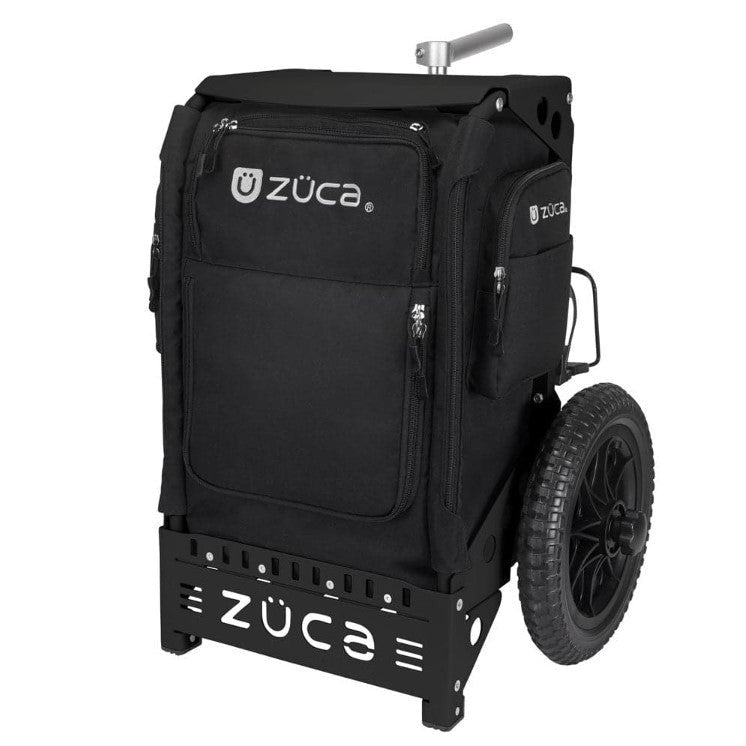 Black Zuca Trekker disc golf cart with large textured wheels and a silver extendable handle.